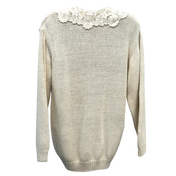 Chaus Vintage Ivory Cream Cardigan Sweater with Embroidered Floral Collar-Small - Picture 5 of 10